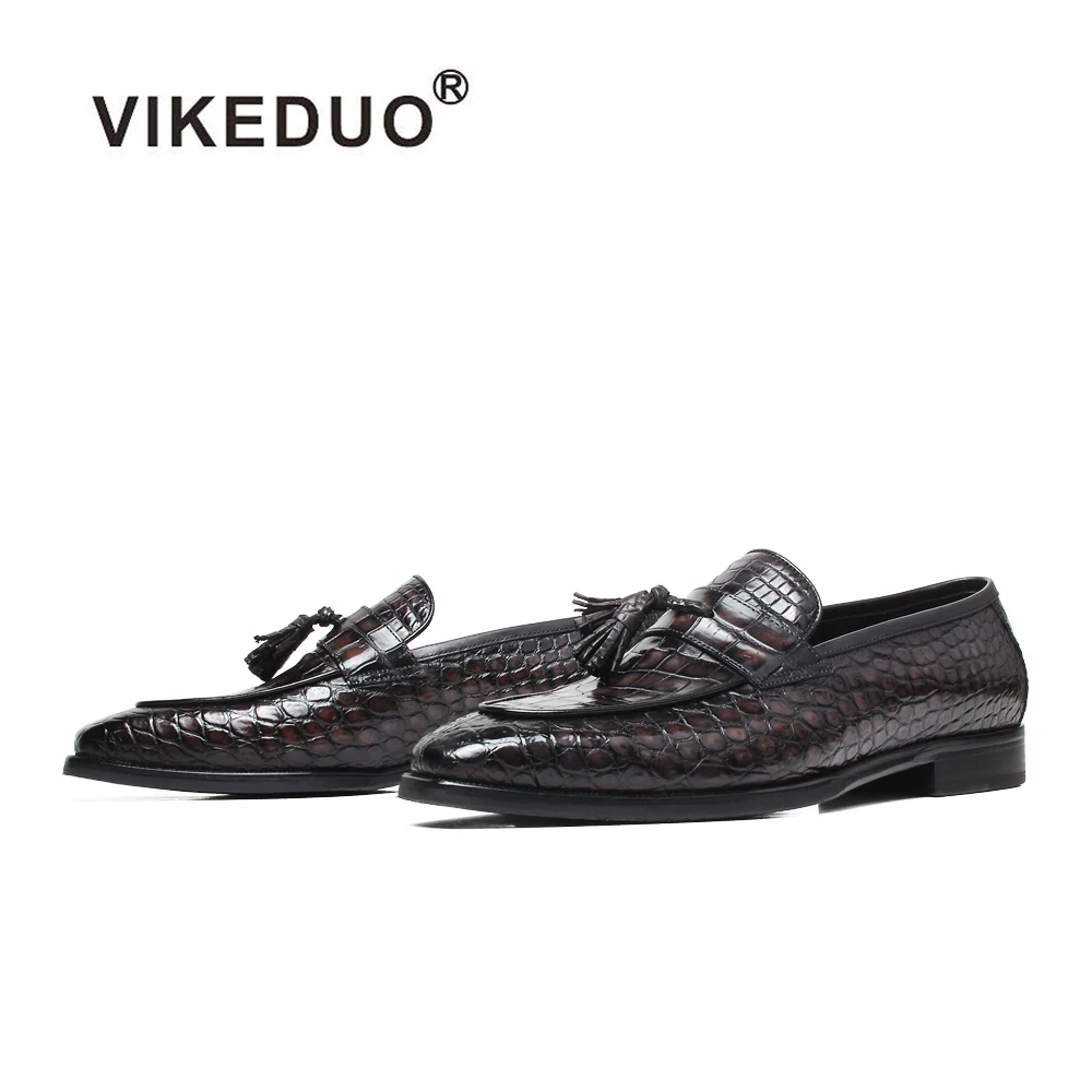 

Vikeduo Hand Made Official Originals Design Black Purple Tassel Genuine Crocodile Leather Mens Casual Loafers For Men Shoes