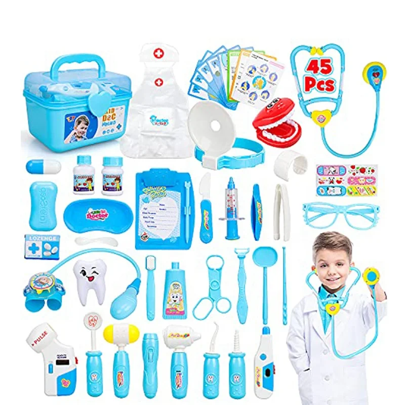 

(Only for US customers) TOY Life 45 PCS Blue Educational Preschool Role Pretend Play Tools Dentist Kit Doctor Set Toy for Kids