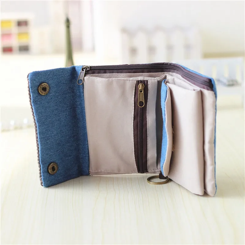 

2019 Women Cotton Fabric Short Wallet for Female Large Capacity Gray Blue Ladies Denim Multifunction Men Purse Mini Carteira