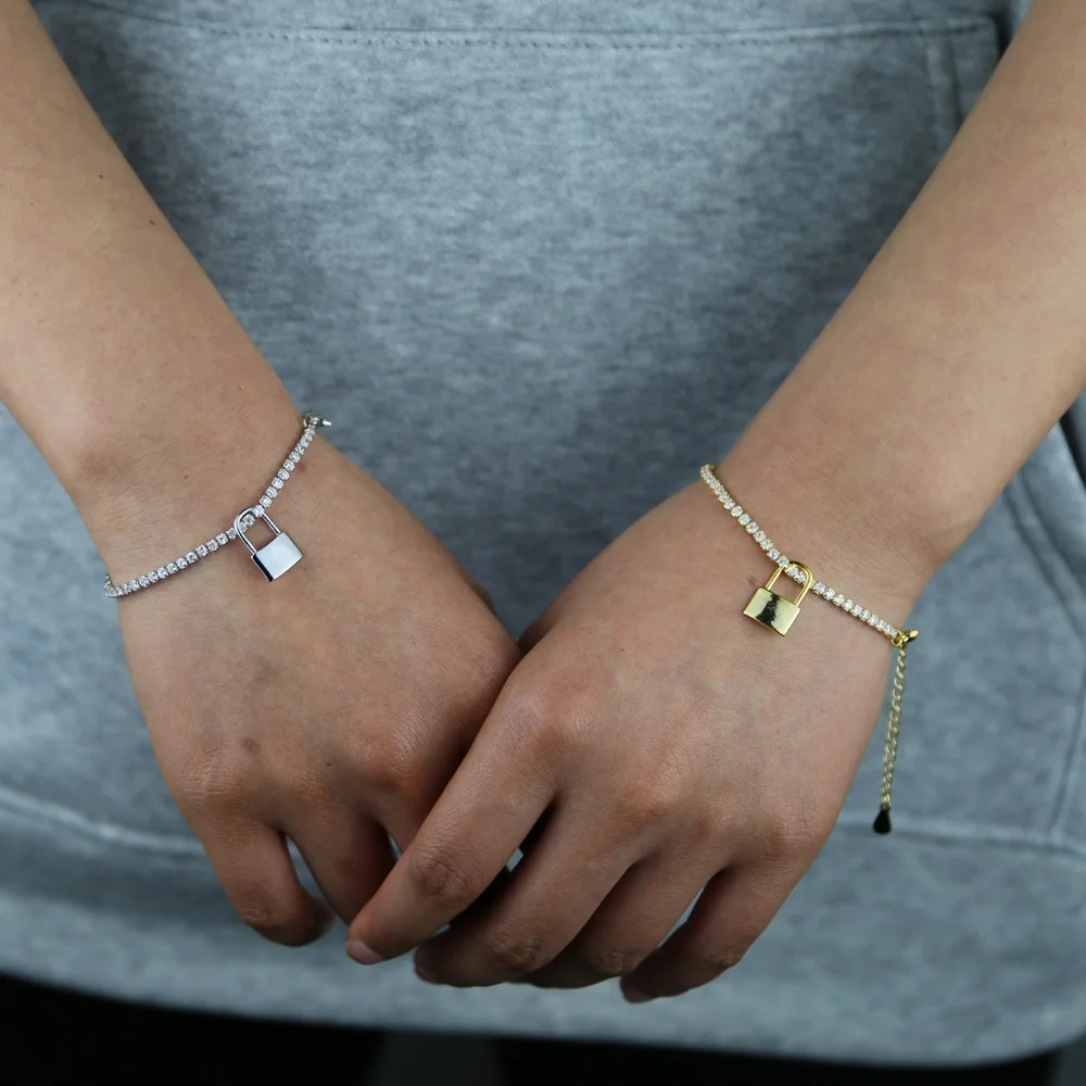 

Round Cut 2mm cz Tennis Bracelet with Lock Charm pendant Gold Filled Luxury Crystal Fashion Charm Bracelets For Women Lady