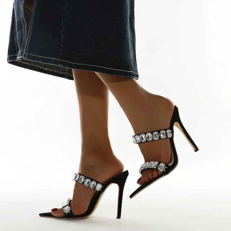 

Bling Rhinestone Fashion Two Strap High Heel Shoes Slippers for Women and Ladies Summer Sandals, Black