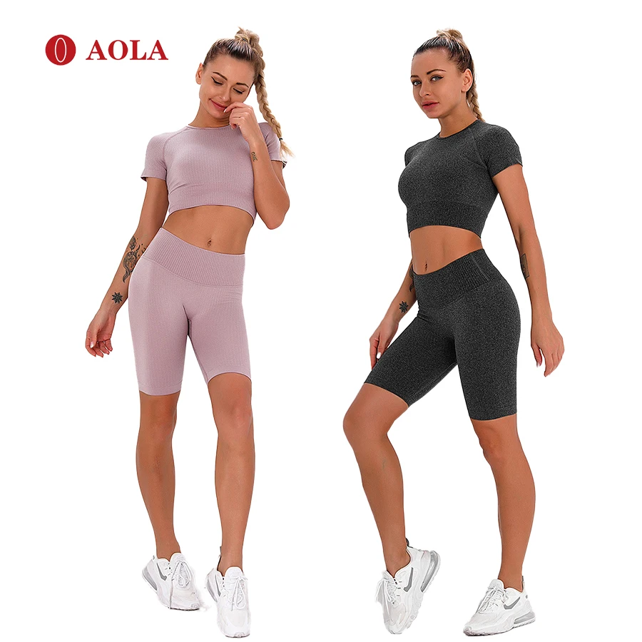 

AOLA Sports Fitness Tights Shirt And Sexy 2 Piece Wholesale Womens Clothing Short Active Wear Set Women, Picture shows