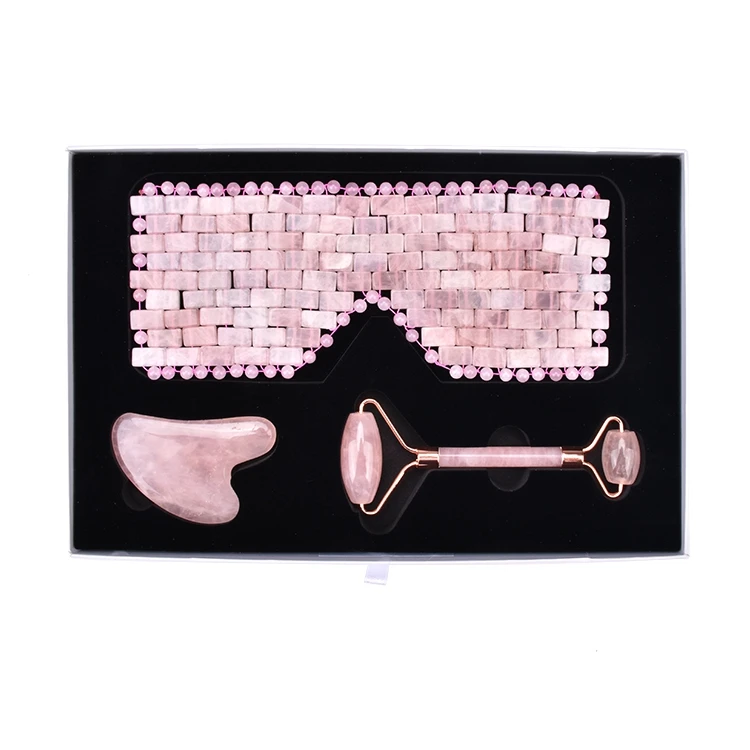 

Wholesale Anti aging Skin Care Set Rose Quartz Eye Mask, Rose Quartz roller and Gua Sha Set With Gift Box, Pink