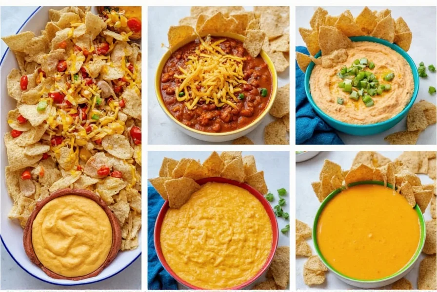 Variety of chili cheese dip variations served in colorful bowls with different dippers arranged artistically