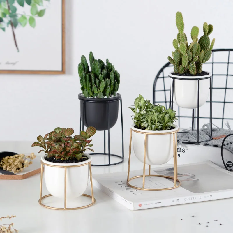 

Set of 3pcs Modern Flowerpots Succulent Plant with Black Golden Iron Shelf Home Decor Planter Garden Pot, White, black, gold