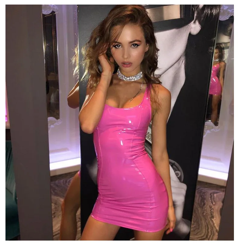 

2020 new arrivals fashion fancy PU fabric sexy spaghetti strap design women bodycon club dresses