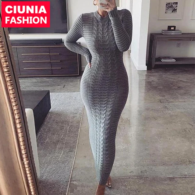 

28011# Solid color round neck knitted long sleeve Arab Middle East Muslim women sweater dress, Gray / beige / black
