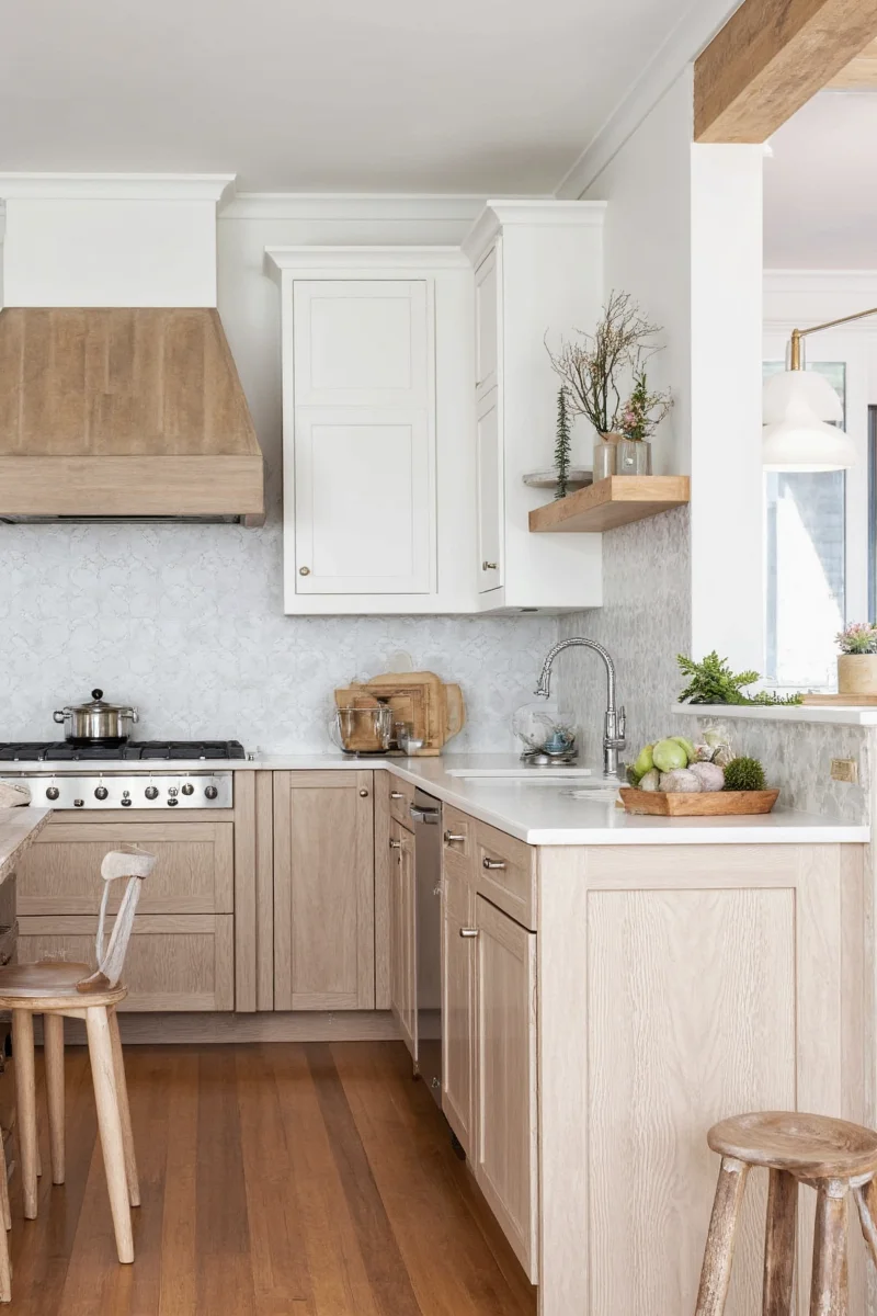 Close-up of natural wood grain on farmhouse cabinets