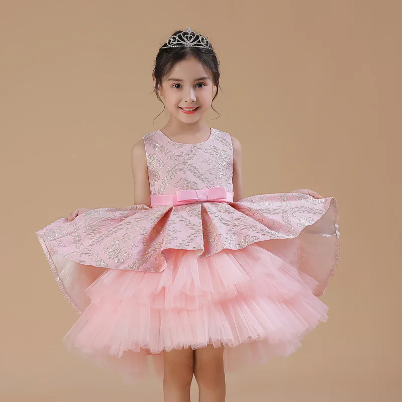 

Flowers Girl Wedding Dress Baby Princess Bow knot Tulle High Low Pageant Dance Trailing Gowns 3-10T