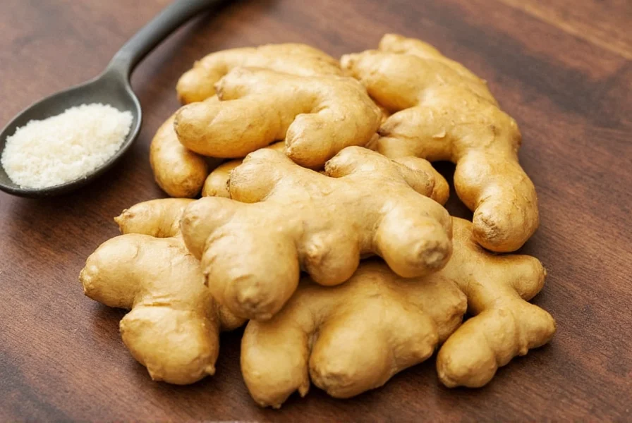 Close-up photograph of fresh ginger root showing knobby texture and tan skin with some pieces peeled to reveal pale yellow interior