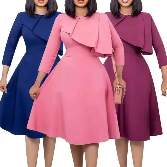 Women Dress a Line Ruffles Elegant Office Ladies Classy Modest Work Wear Pink Navy Female Autumn Summer Robes Vestidos Outfits