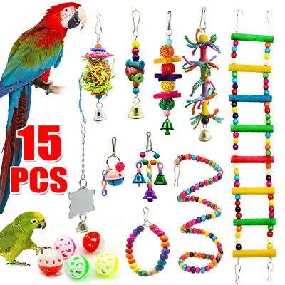 

15 Packs Bird Toy Set Multi Style Parrot Ladder Swirl Rope Bird Chew Toy, Multi-colors