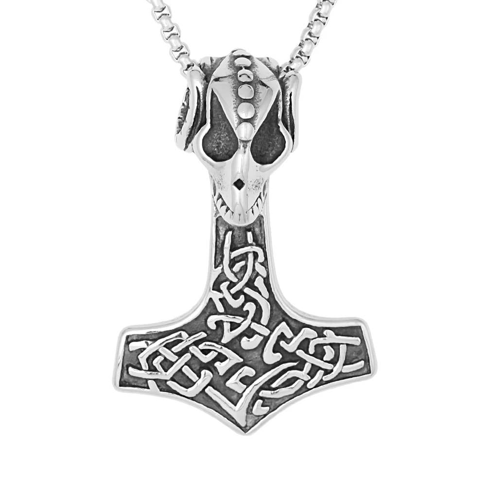 

Wholesale Custom Viking Men Jewelry Vintage Nordic Stainless Steel Goat Skull Thor's Hammer Pendant Necklace with 3D Design