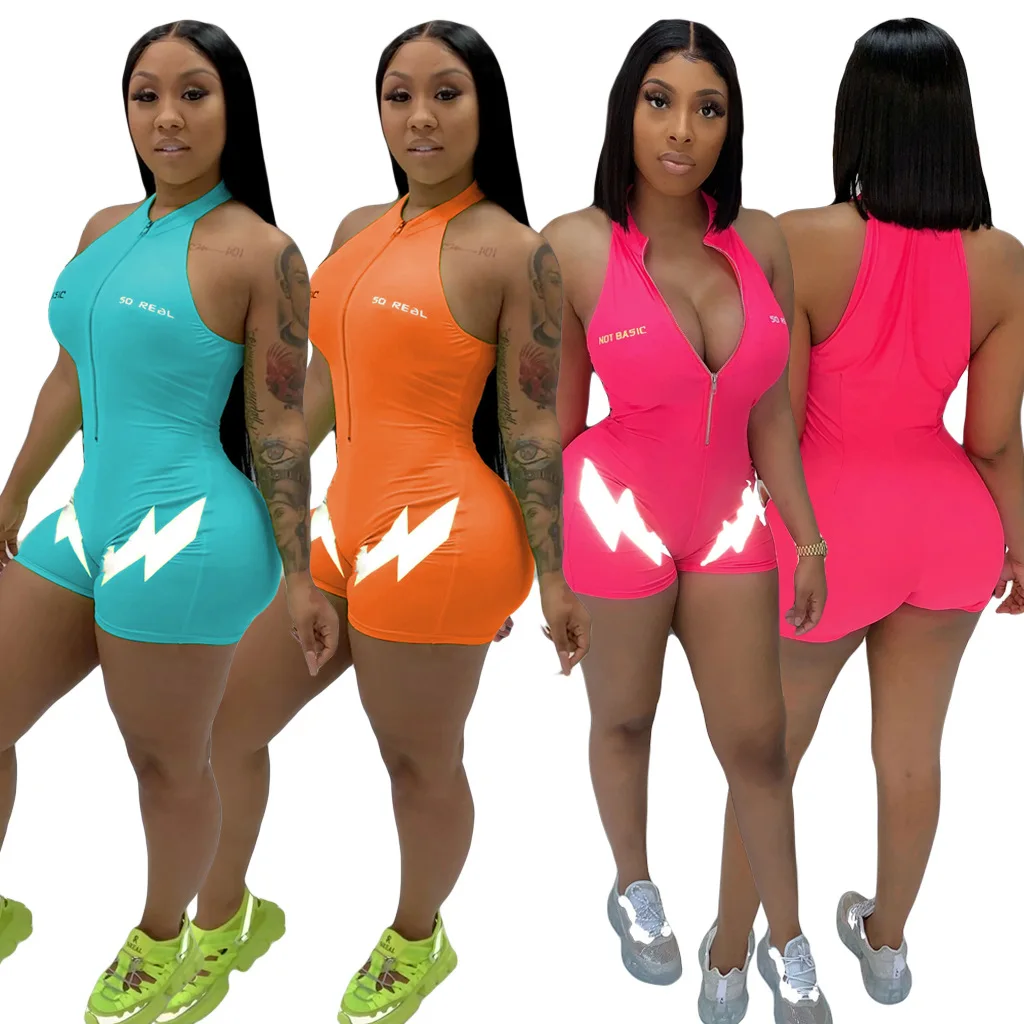 

Woman's Clothing Fashion Lightning Letter Printing Ladies Fitness Jumpsuit Women One Piece Zipper Short Jumpsuits And Rompers, Rose red,light blue,orange