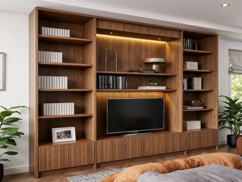 Custom bookshelf with adjustable shelves and coffee stain