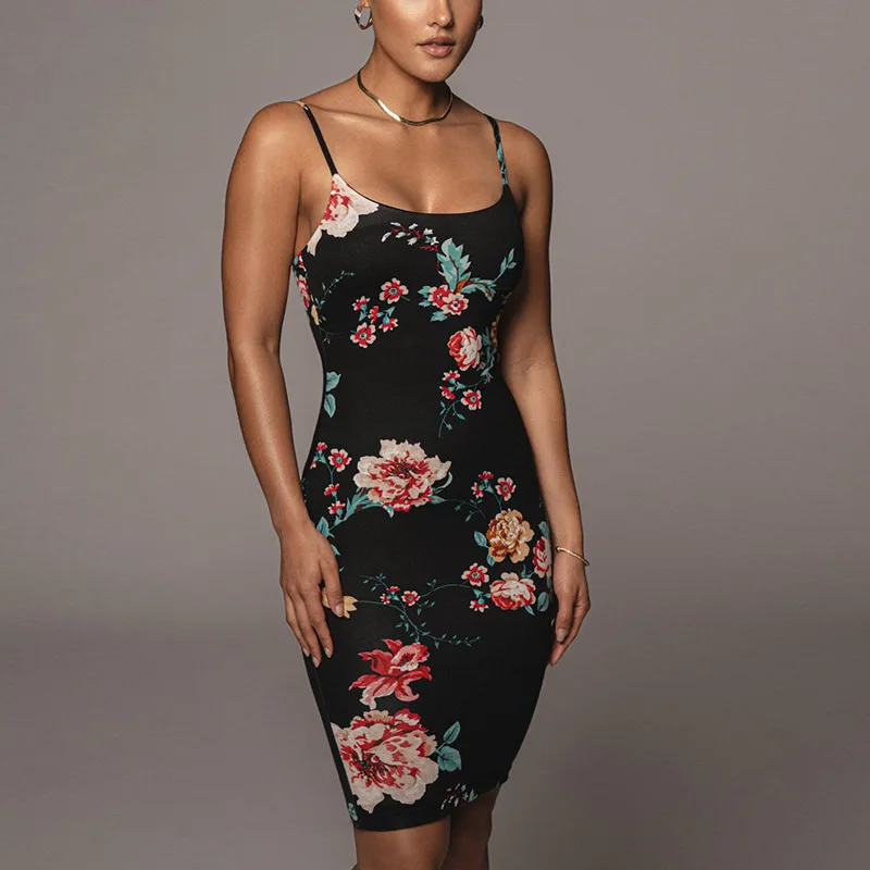 

Hot Sale New Style Ladies Suspender Dresses Sleeveless Floral Print Sexy Midi Lady Dress Club