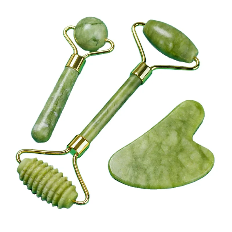 

Xiuyu roller barbed head roller massage stick gua sha set jade beauty device scraping piece Xiuyu roller three-piece set, Green color