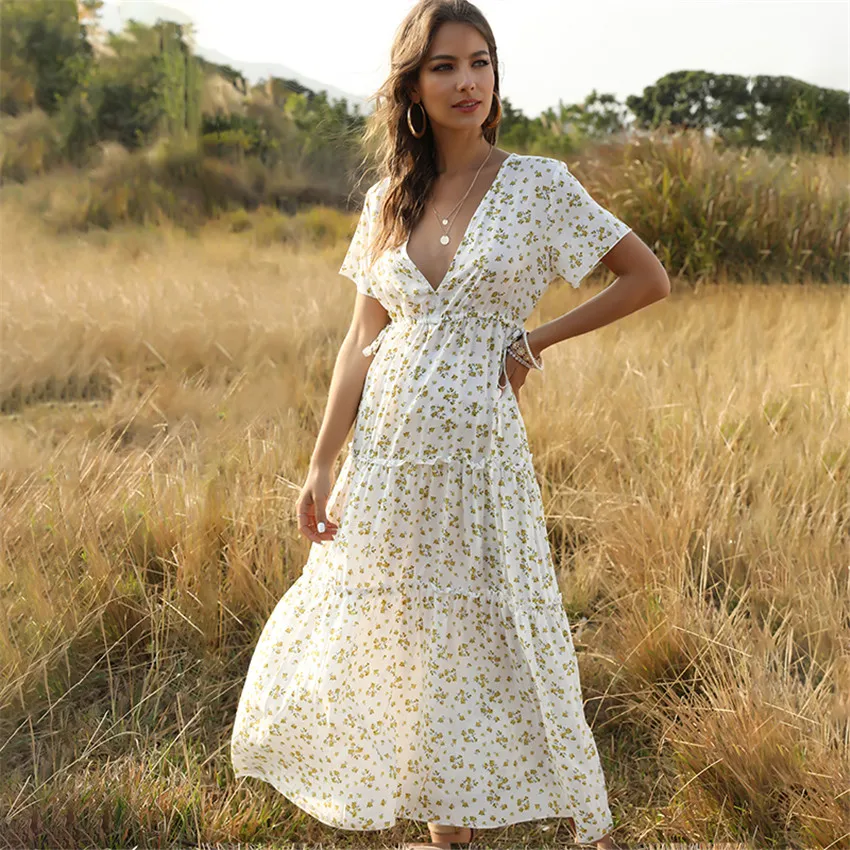 

Summer Beach Dress Women Casual Floral Print Elegant Boho Long Dress Ruffle Short-Sleeve V-neck Sexy Robe