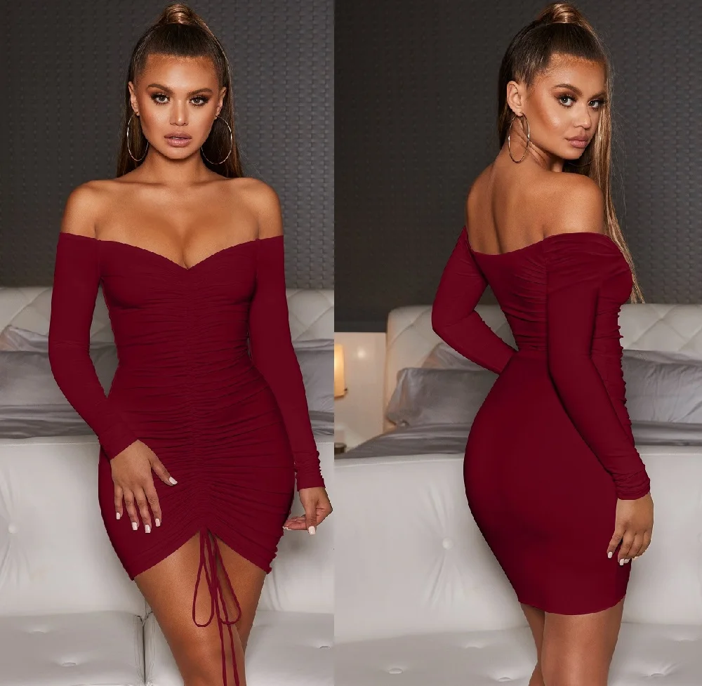 

TOB Fall winter wrinkled long sleeve dress Solid color Strapless dress mini dress sexy AM397, Picture color