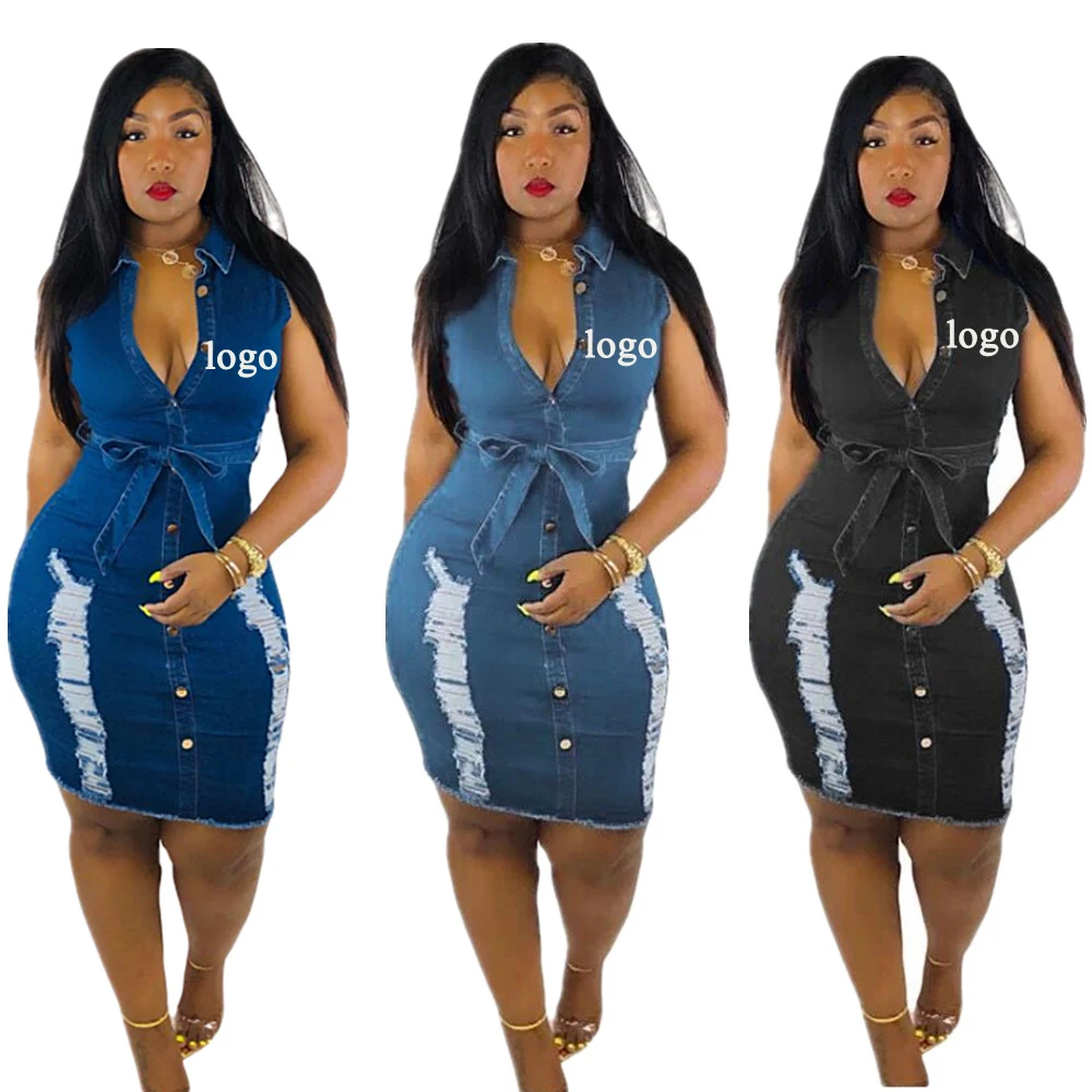 

2021 women fashion summer sleeveless scratched jeans midi denim dress