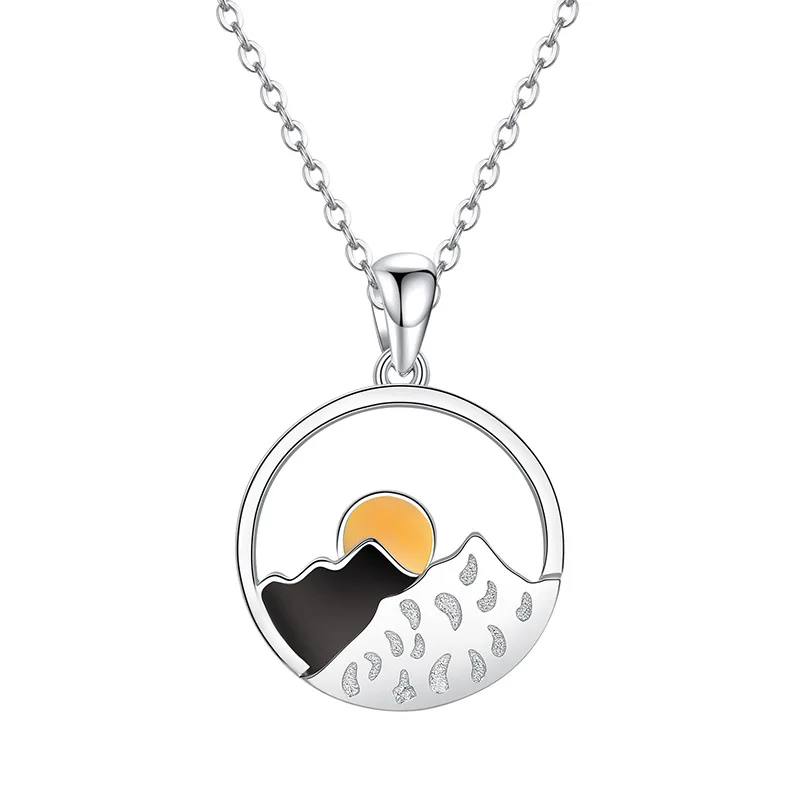 

Sea Dry Stone Rotten Pendant Sterling Silver Mountain Peaks with Bronze Sun Pendant Necklace for women men, As picture