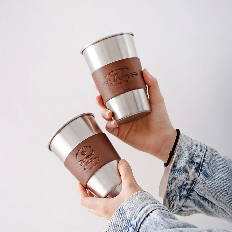 

Seaygift free custom sample 500ml single wall stainless steel wine ice beer tumbler travel coffee cup/mug with leather cover, Customized colors acceptable