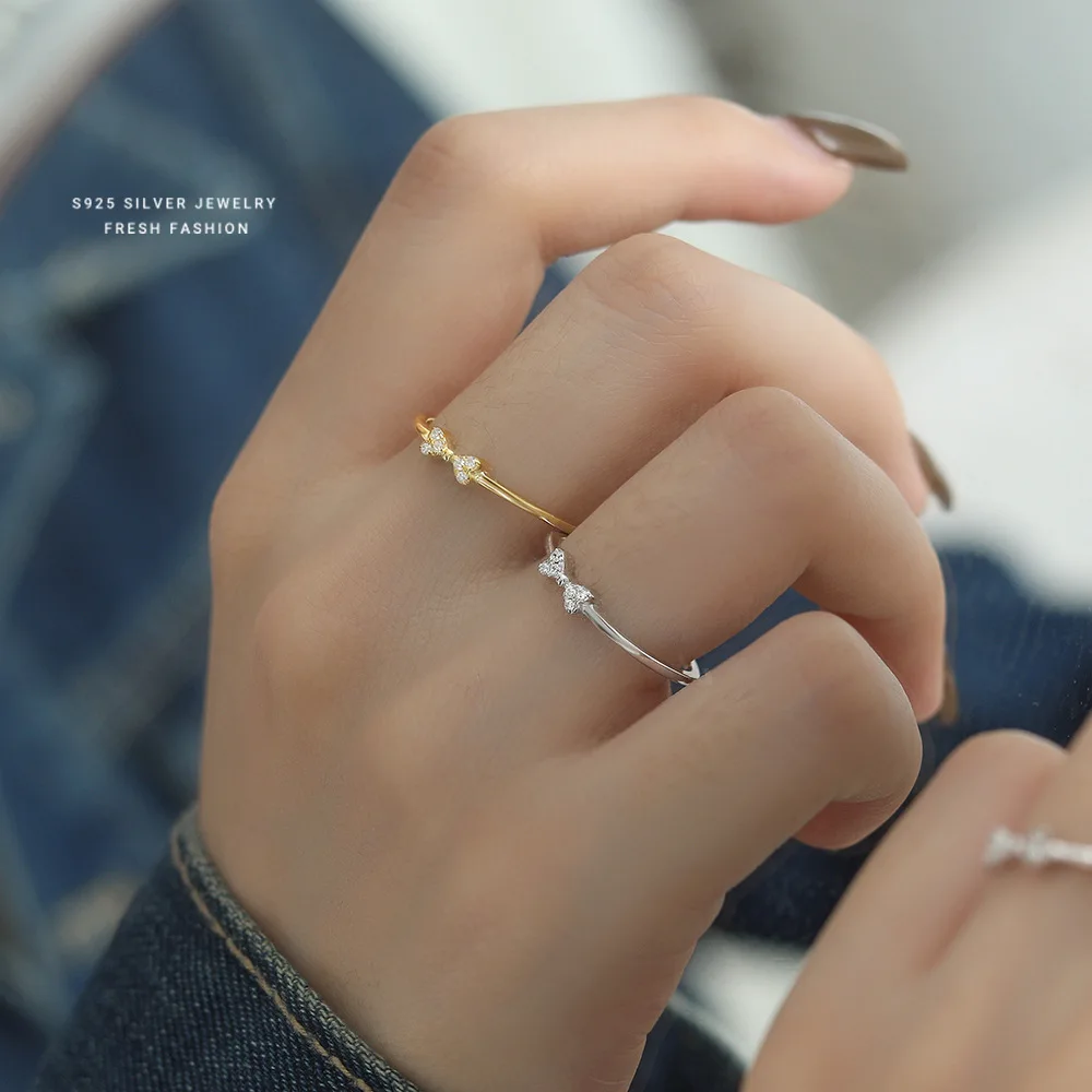 Fashion Jewelry Simple 925 Silver Bowknot Ring Women Gold Plated Sterling Silver Versatile Bow Tie Adjustable Rings for Ladies