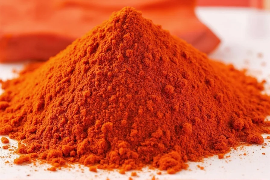 Close-up view of vibrant red cayenne pepper powder in a glass spice jar with measuring spoon