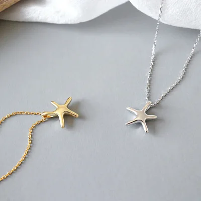 

Fashion Simple Ocean Style 14K Gold Plated Long Chain 925 Sterling Silver Starfish Choker Pendant Necklaces For Girls