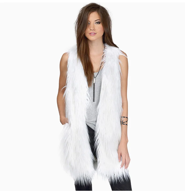 

Wholesale Autumn Winter Fashion Women Long Faux Fur Coat Vest, White, black