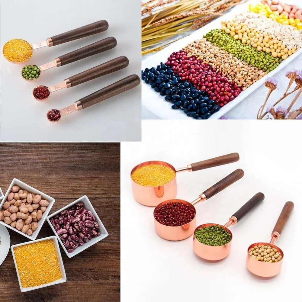 
LOW MOQ Measuring Cups and Spoons Set of 8/Gorgeous Stainless Steel ENGRAVED MEASURING&Heavy Duty with Walnut Handles Premium Copper Stainless Steel Measuring Cups and Spoons Set of 8