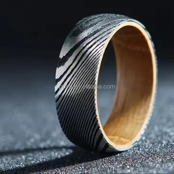 POYA Jewelry Unisex 8mm Damascus Stainless Steel Whiskey Barrel Wood Ring Trendy Wedding Engagement Anniversary Party Gift