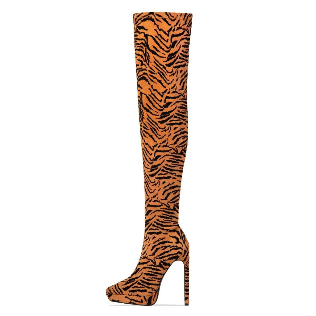 

Large Size 43 Tiger Print Side Zip Skintight Women Over Knee High Boots Stiletto Lady Pointed Toe Over Knee High Long Booties, Black,brown,tiger