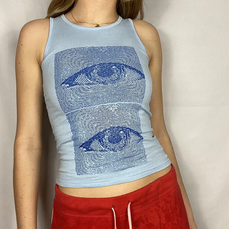 

Trendy Cotton Abstraction Eye Printed Tops Crop Sexy New Women's Clothing Tank Tops Ladies Women