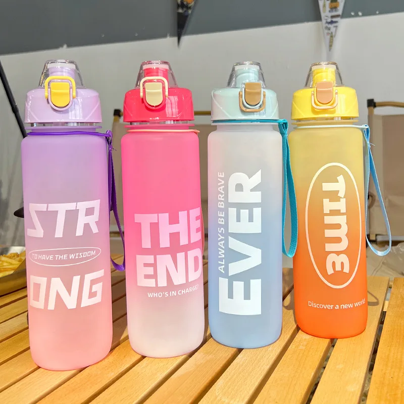 

1L 32oz Custom Plastic Straw Strainer Filter Gym Sports BPA Free Tritan Motivational Water Bottle With Time Marker