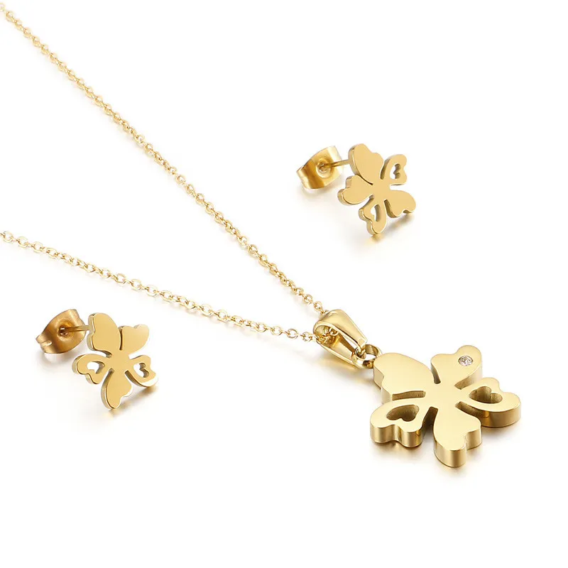 

Qings New Design Fashion Women Gold Plated Simple Stainless Steel Flower Necklace Set
