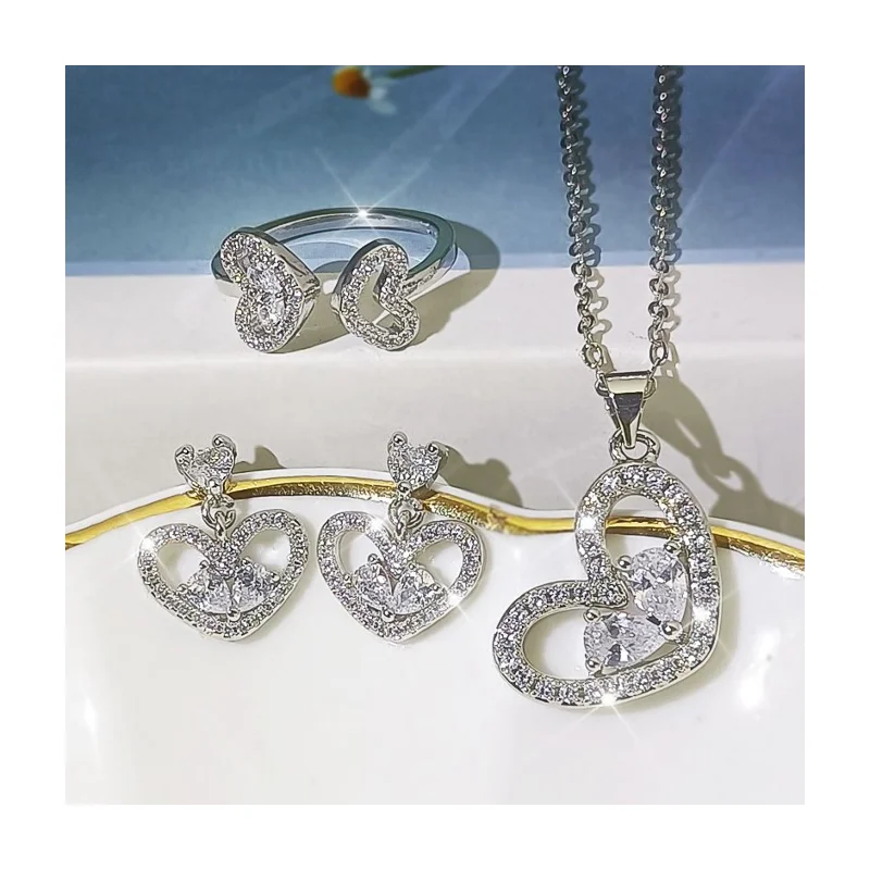 

2021 New Product Color Love Retro Personality Stud Earrings Necklace Ring Three-piece Stainless Steel Jewelry, Customized avaliable