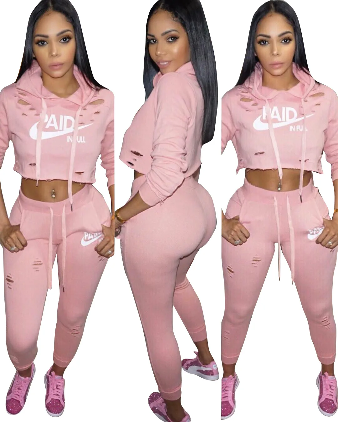 

PK0603 2021 Hooded Long Sleeve Crop Top Hoodie Jogger Outfit Two Piece Long Pants Set For Women, As shown