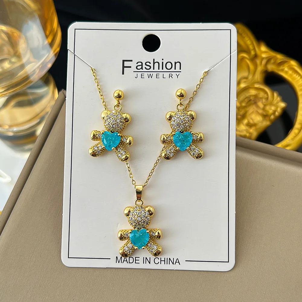 

Cute 18K Gold Plated Bear Drop Earrings Women Colored Crystal Zircon Bear Love Heart Necklace Stainless Steel Jewelry Set 2023