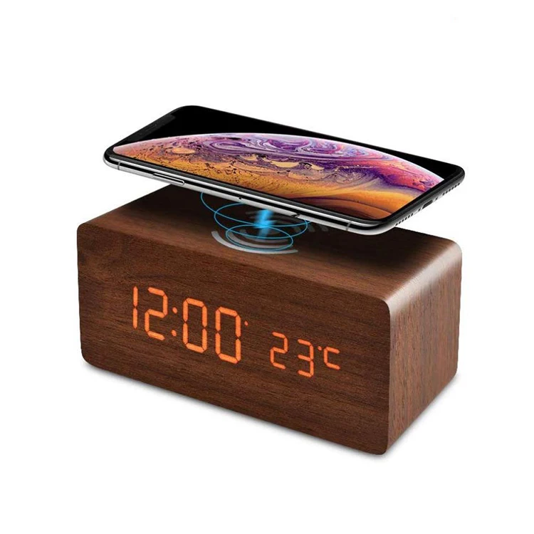 

new Qi wireless phone charging alarm clock wooden digital LED table clock promotional gift wood desktop table clock, Bamboo, dark brown, black
