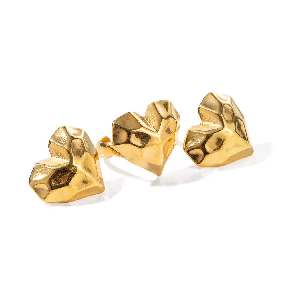 

INS Style 18K Gold Plated Stainless Steel Dainty Hammer Heart Shape Lava Irregular Stud Earring Ring Set