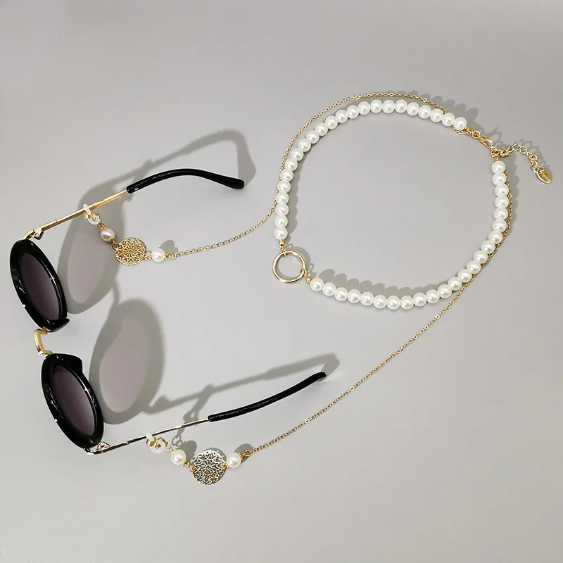 

RTS baroque trendy pearl gold plated face maskes chain holder bench anti drop sun glasses chain