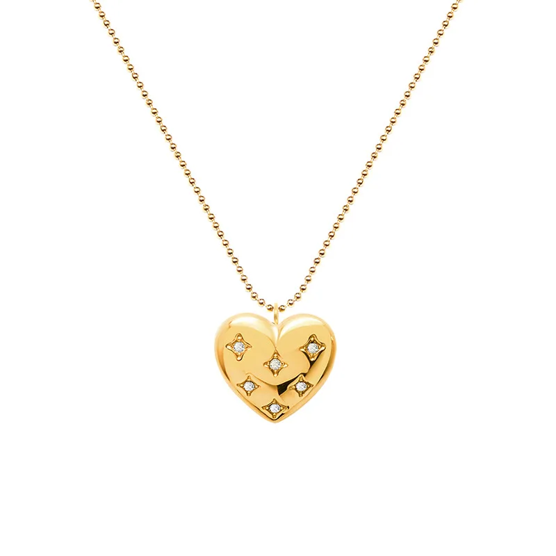 

Fashion 18K Gold Plated Stainless Steel Beaded Chain Diamond Cubic Zirconia Heart Pendant Necklace For Women