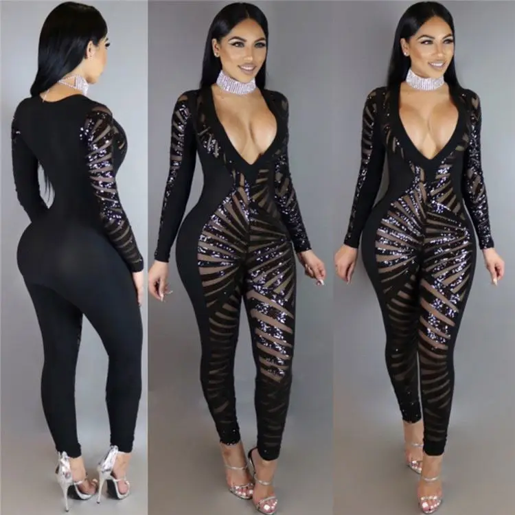 

W6203 Lady's Night Club Wears Fashion Amazon Hot Sale Long Trousers Jumpsuit Sequin Women Rompers