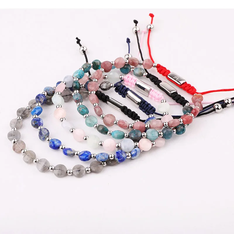 

New design High Quality Faceted Round Natural Gemstone Stainless Steel Beads Custom Logo Macrame Bracelet Female