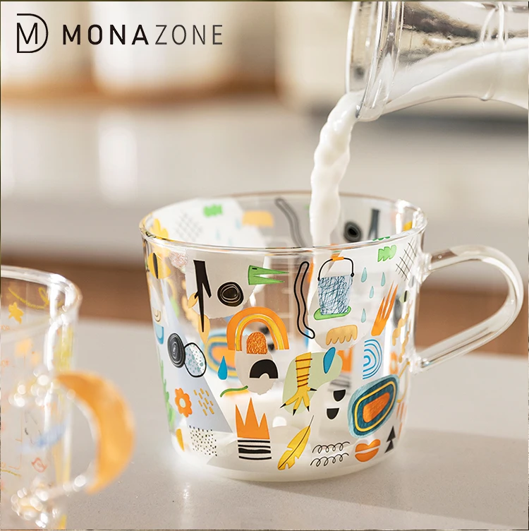 

MONAZONE Forest Adventure Cartoon Pattern Glass Water Cup Coffee Cup With Handle Scale Milk Mug