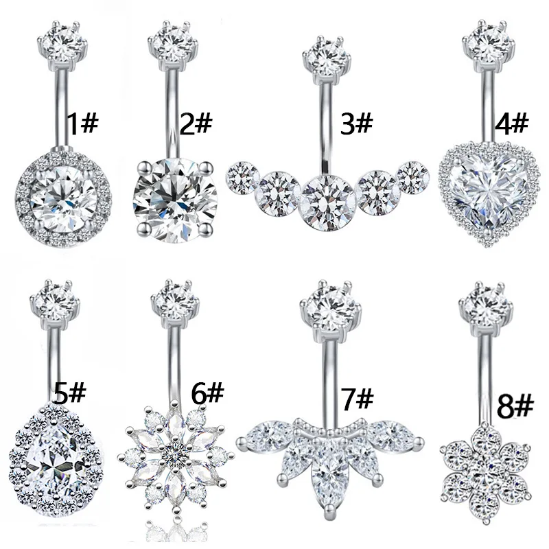 

Luxury Crystal Flower Charm Belly Button Rings 316L Stainless Steel Heart Shaped Zircon Navel Ring Belly Piercing Jewelry