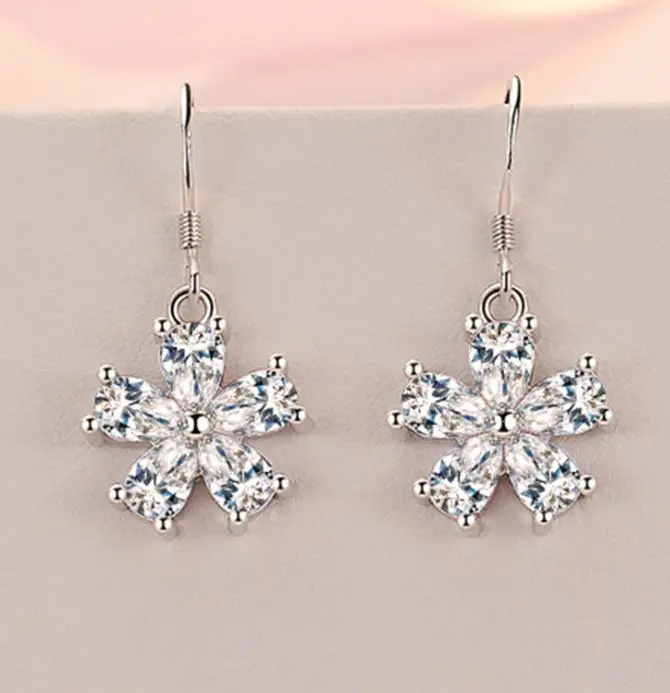 

Factory wholesale cupronickel silver-plated earrings Korean fashion zircon flower earrings drop earrings