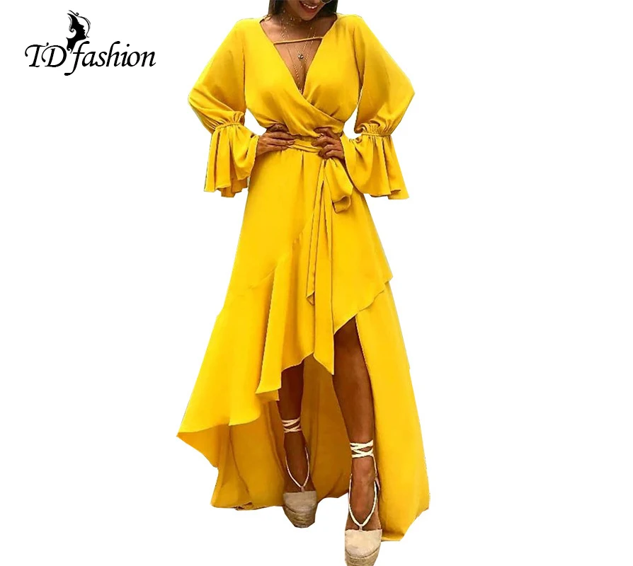 

Yellow Chiffon Maxi Dresses Deep V-neck Flared Sleeve Dress Ruffle Irregular Long Evening Dresses