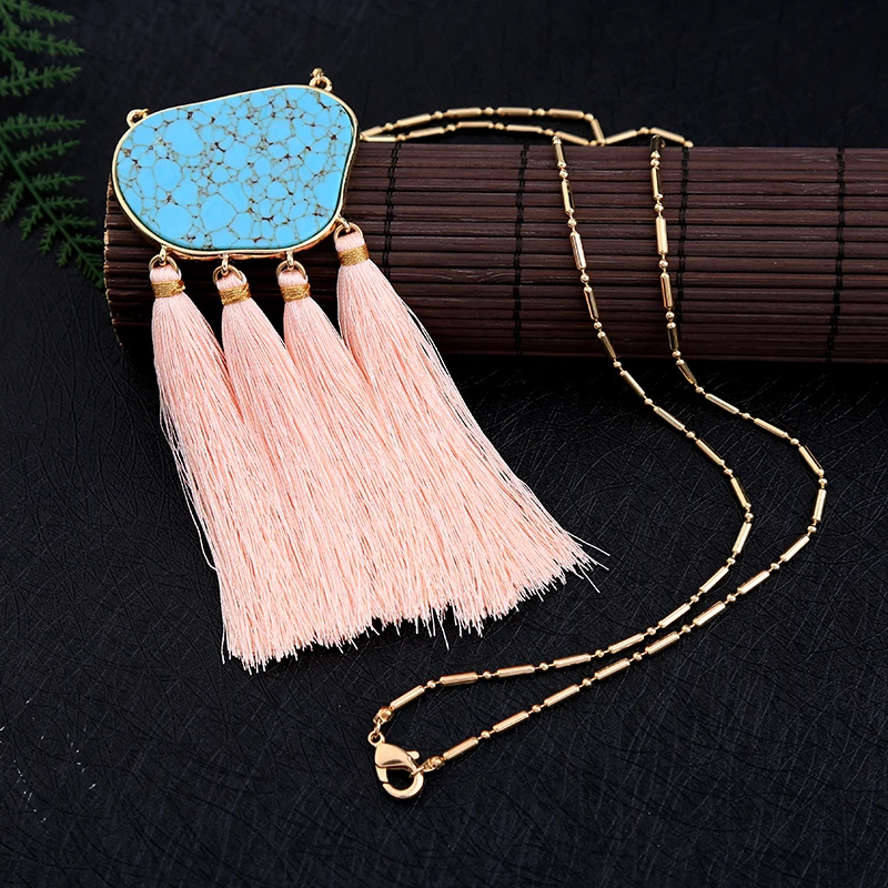 

xl01746b Bohemian Style Pink Short Tassel Blue Irregular Stone Necklace Woman 2000s, As picture